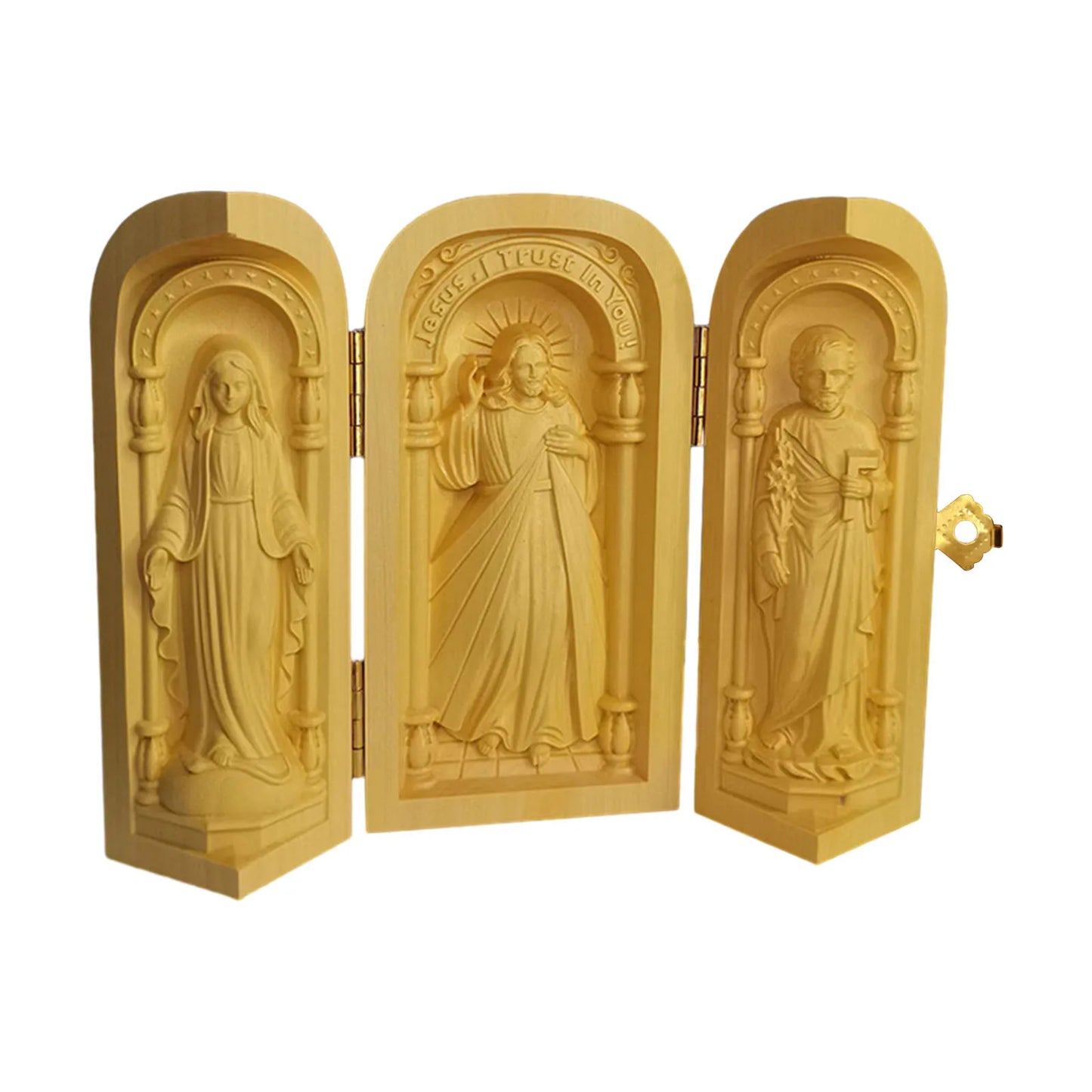 Tríptico em Madeira Jesus Misericordioso Nossa Senhora e São José