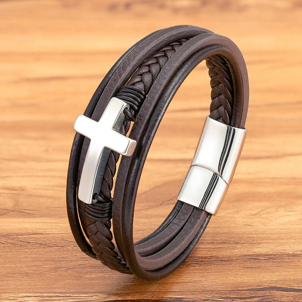 Pulseira Masculina de Couro com Cruz
