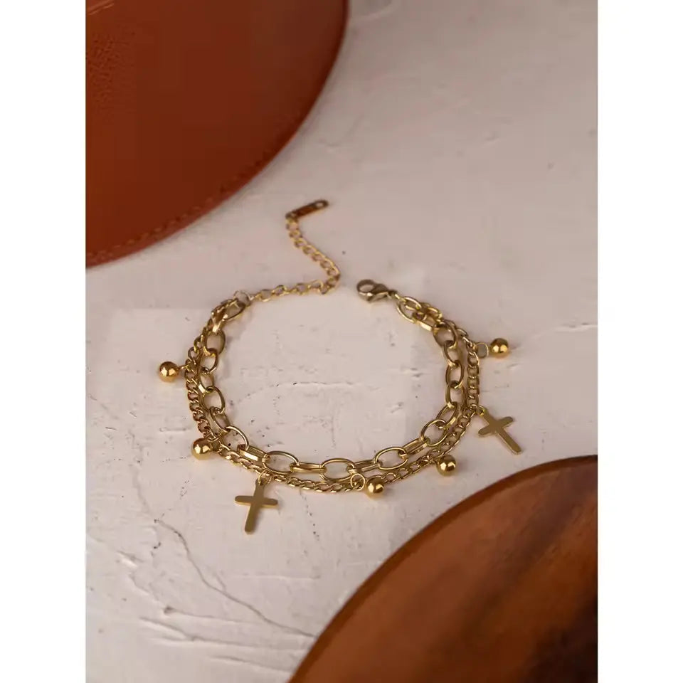 Pulseira Feminina com Cruz em Aço Inoxidável Banhada a Ouro 14K
