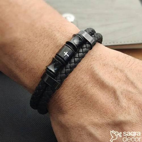 Pulseira Masculina de Couro com Cruz Devoto