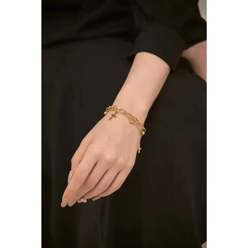 Pulseira Feminina com Cruz em Aço Inoxidável Banhada a Ouro 14K