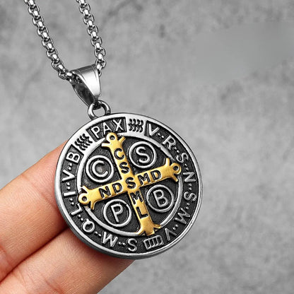 Colar Masculino Medalha de São Bento Prata e Dourado