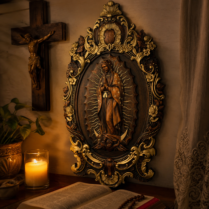 Detalhe da talha em madeira dourada de Nossa Senhora de Guadalupe