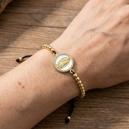 Pulseira Feminina Nossa Senhora de Guadalupe com Contas Douradas