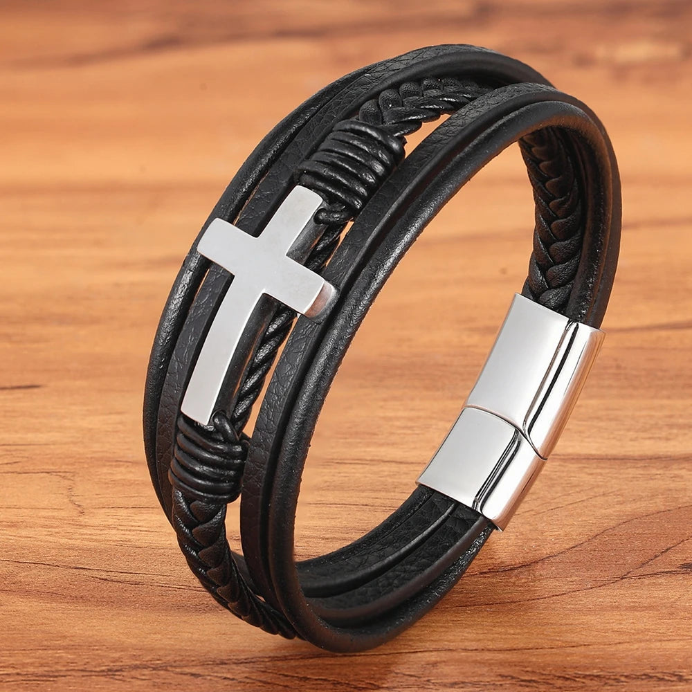 Pulseira Masculina de Couro com Cruz