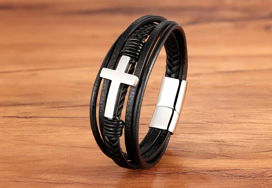 Pulseira Masculina de Couro com Cruz Sagrado Estilo