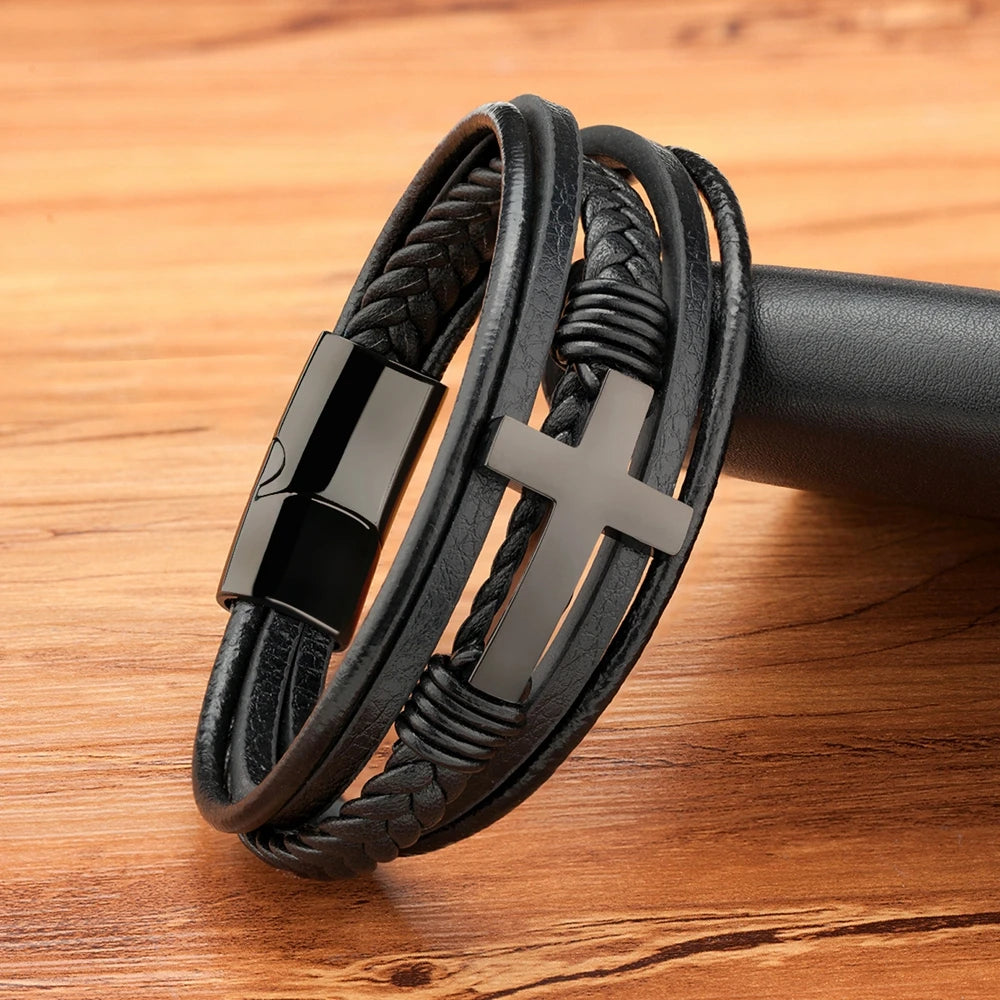 Pulseira Masculina de Couro com Cruz