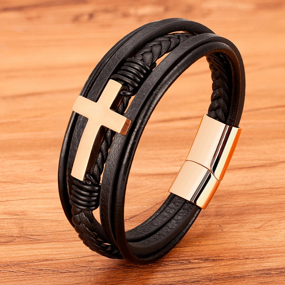 Pulseira Masculina de Couro com Cruz