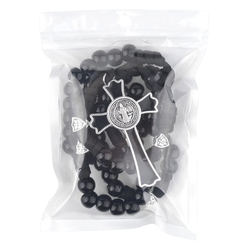 Terço Masculino de Paracord São Bento Preto com Contas Acrílicas