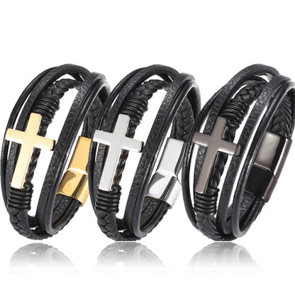 Pulseira Masculina de Couro com Cruz 