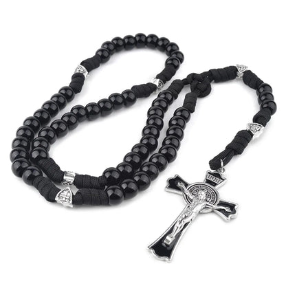 Terço Masculino de Paracord São Bento Preto com Contas Acrílicas