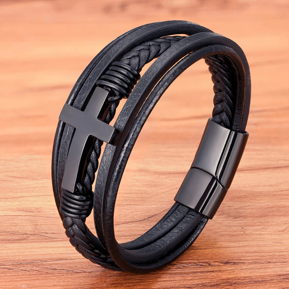 Pulseira Masculina de Couro com Cruz