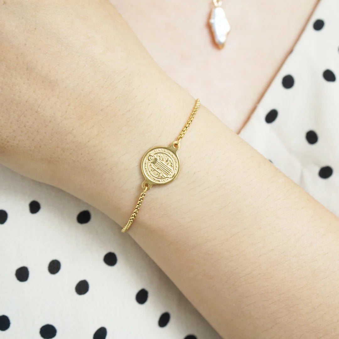 Pulseira Medalha São Bento em Aço Inoxidável Ajustável