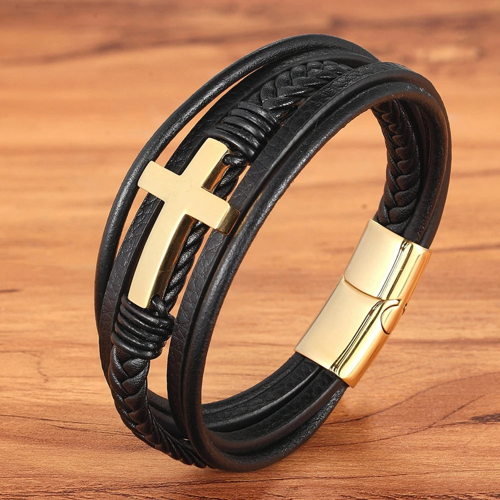 Pulseira Masculina de Couro com Cruz