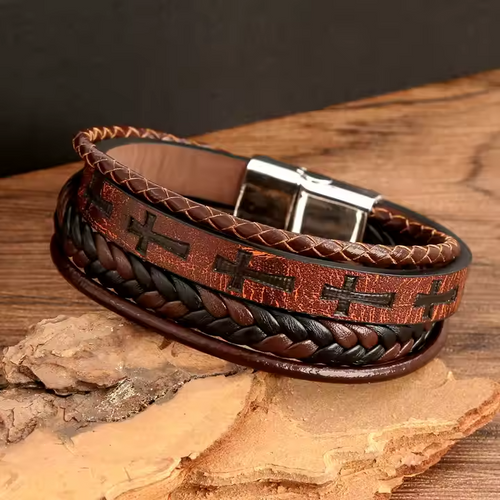 Pulseira Cruz de Couro Vintage Masculina