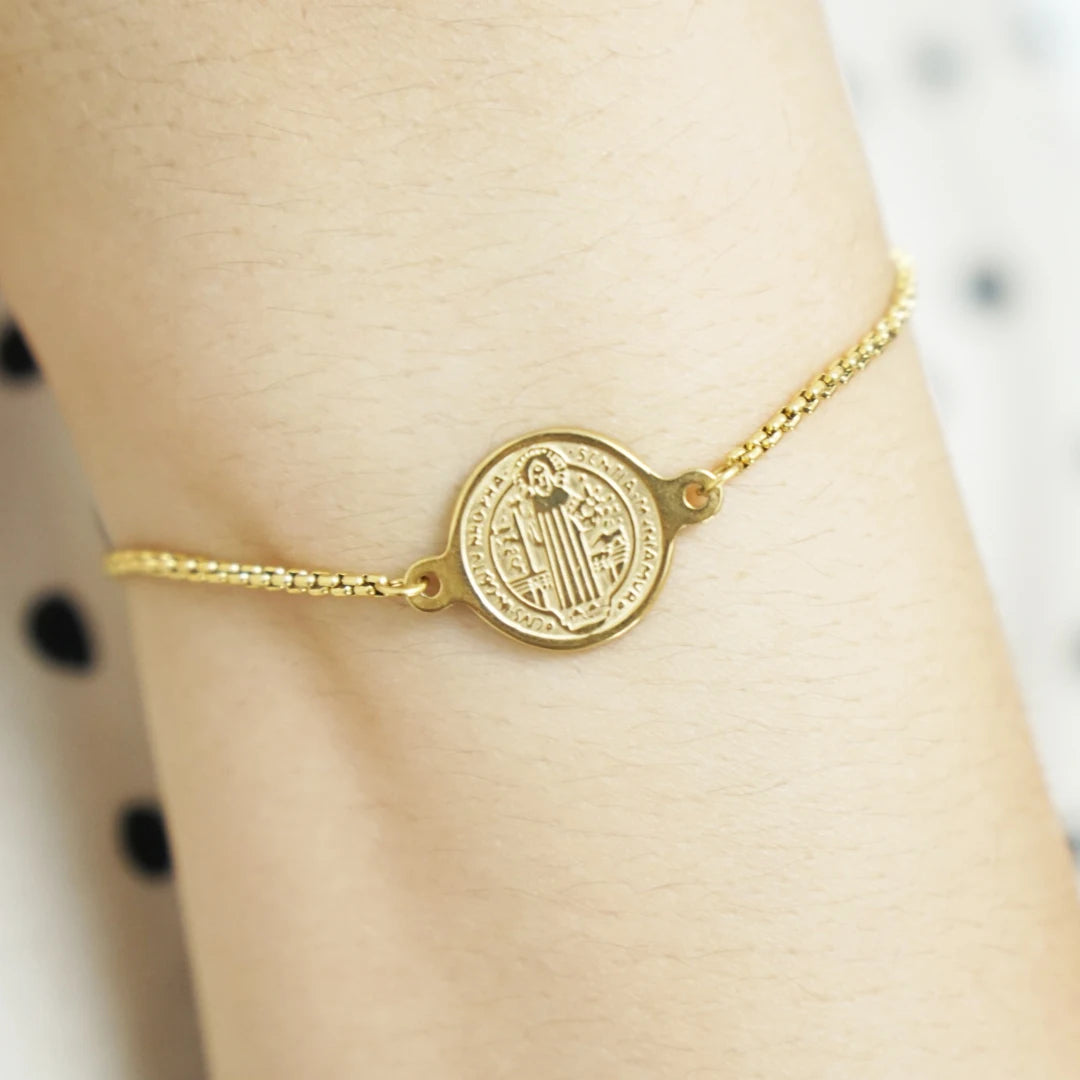 Pulseira Medalha São Bento em Aço Inoxidável Ajustável