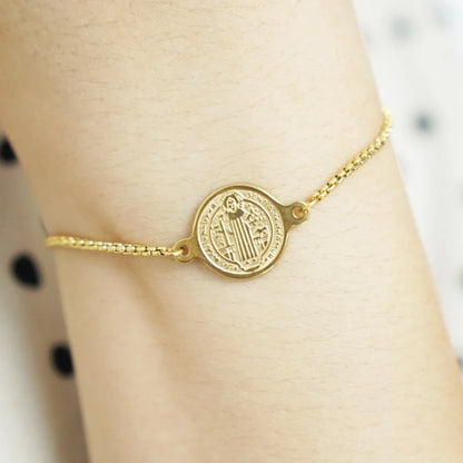 Pulseira Medalha São Bento em Aço Inoxidável Ajustável