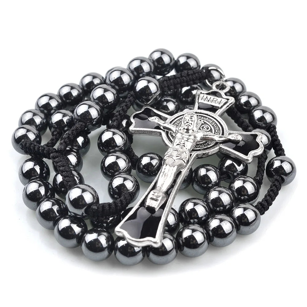 Terço de São Bento Preto com Contas de Hematita