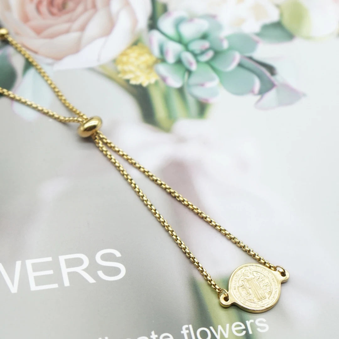 Pulseira Medalha São Bento em Aço Inoxidável Ajustável