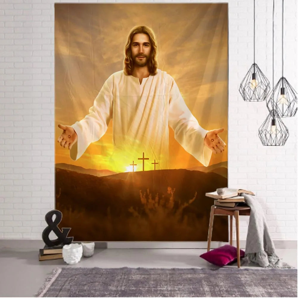 Jesus retro arte ilustração tapeçaria decoração de parede para casa hippie boêmio decoração yoga tapete folhas decoração do quarto estético