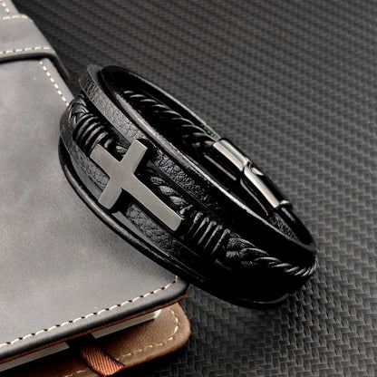 Pulseira Masculina de Couro com Cruz 