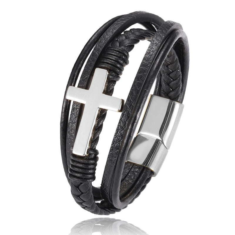 Pulseira Masculina de Couro com Cruz 