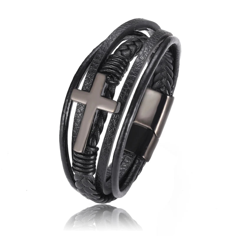 Pulseira Masculina de Couro com Cruz 