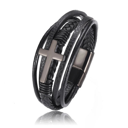 Pulseira Masculina de Couro com Cruz 