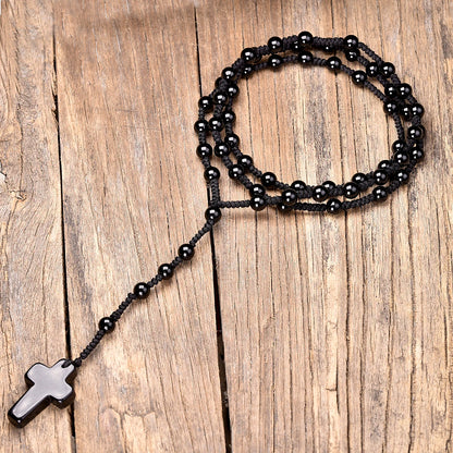 Conjunto Terço e Pulseira de Ágata Negra com Pingente de Cruz