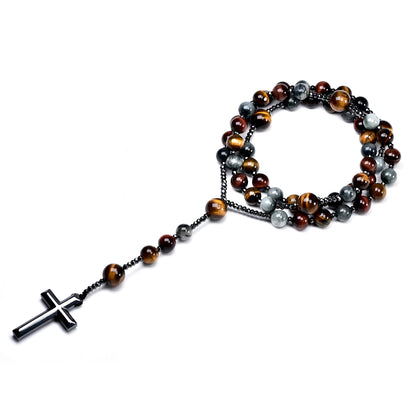 Terço com Pedra Olho de Tigre e Cruz de Hematita