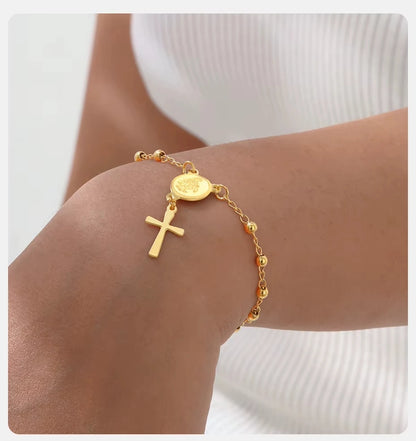 Pulseira Rosário Banhada a Ouro com Cruz e Medalha Milagrosa