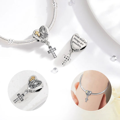 Berloque Cruz Prata Esterlina 925 com Mãos em Oração