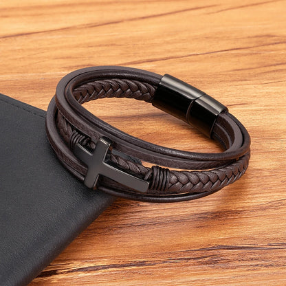 Pulseira Masculina de Couro com Cruz