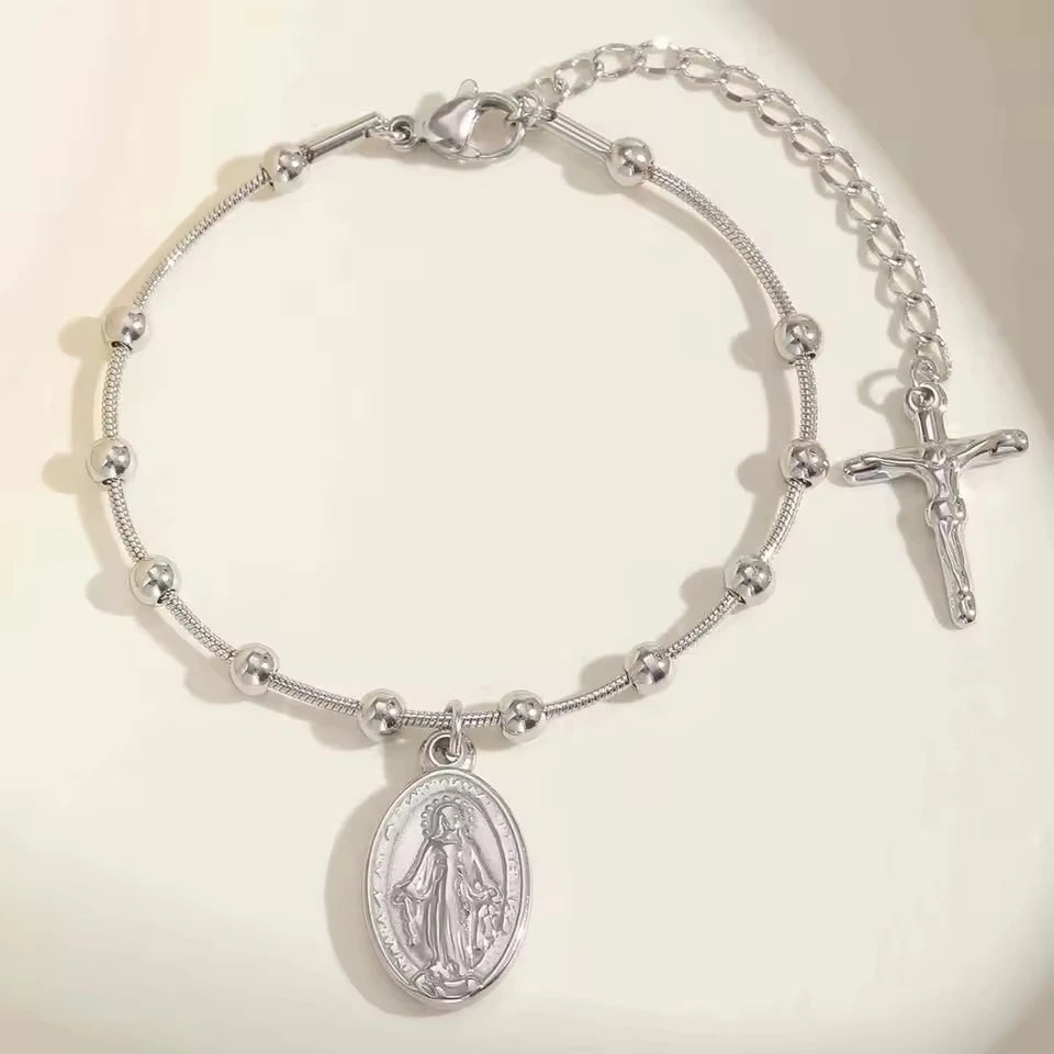 Pulseira Rosário Banhada a Ouro com Cruz e Medalha Milagrosa