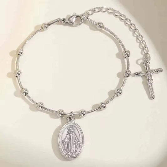 Pulseira Rosário Banhada a Ouro com Cruz e Medalha Milagrosa
