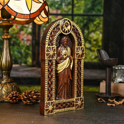 Escultura de Madeira Sagrado Coração de Jesus para Decoração de Mesa