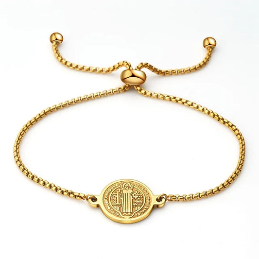 Pulseira Medalha São Bento em Aço Inoxidável Ajustável