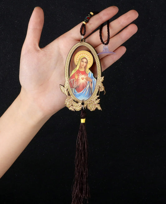 Cristão Imaculado Coração Abençoado Pingente, Virgem Maria De Madeira, Franja De Borla, Carro Pendurado Ornamento, Acessórios De Jóias