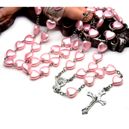 Terço Rosa com Contas de Coração