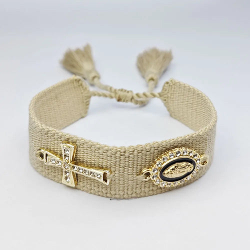 Pulseira de Corda Trançada com Cruz e Nossa Senhora de Guadalupe - Elegância e Fé