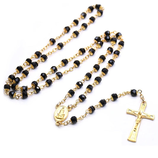 Terço Preto e Dourado N Sra de Fátima Modelo Senhora do Céu