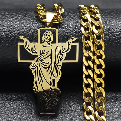 Colar Crucifixo Jesus em Aço Inoxidável Banhado a Ouro