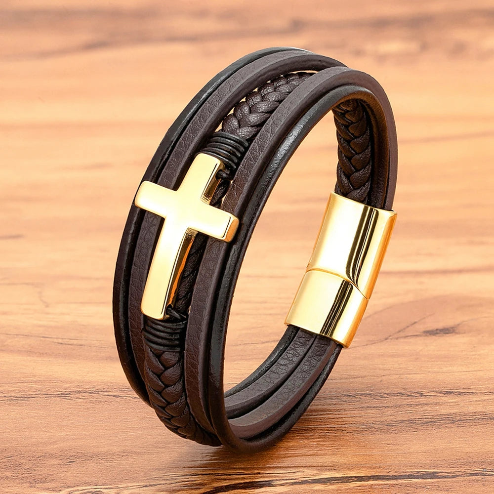 Pulseira Masculina de Couro com Cruz
