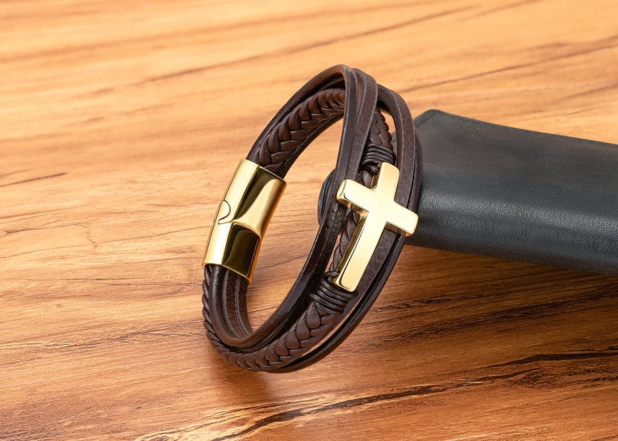 Pulseira Masculina de Couro com Cruz