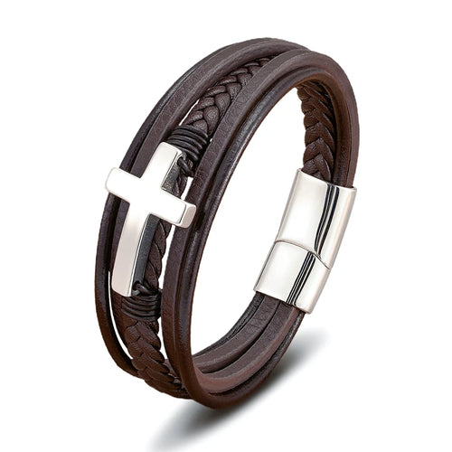 Pulseira Católica Masculina de Cruz Prata Couro Marrom