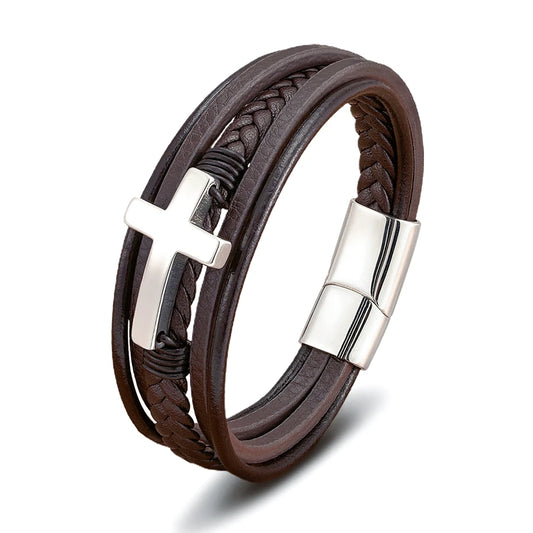 Pulseira Católica Masculina de Cruz Prata Couro Marrom