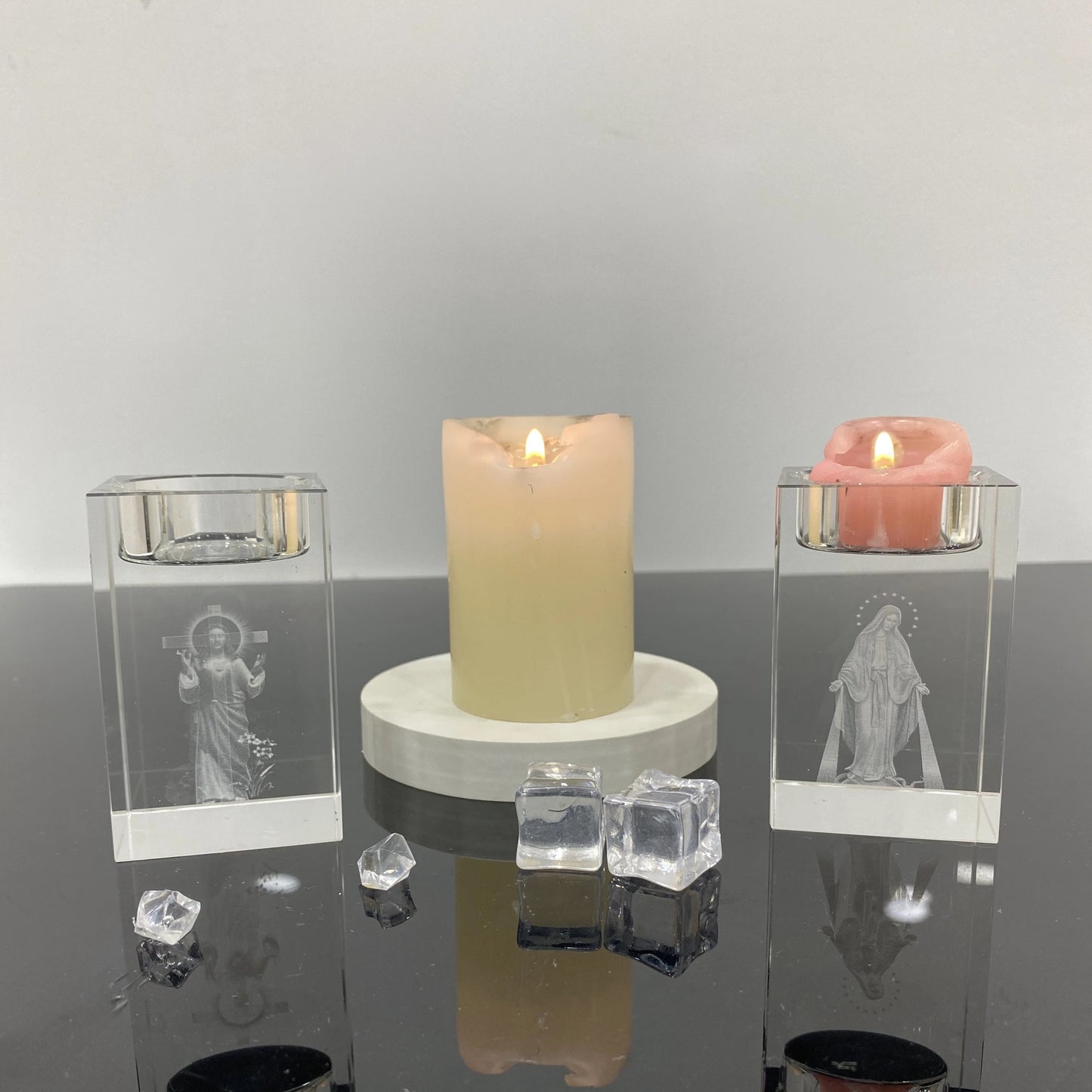Castiçal de Cristal com Imagem de Jesus e Maria Gravado a Laser