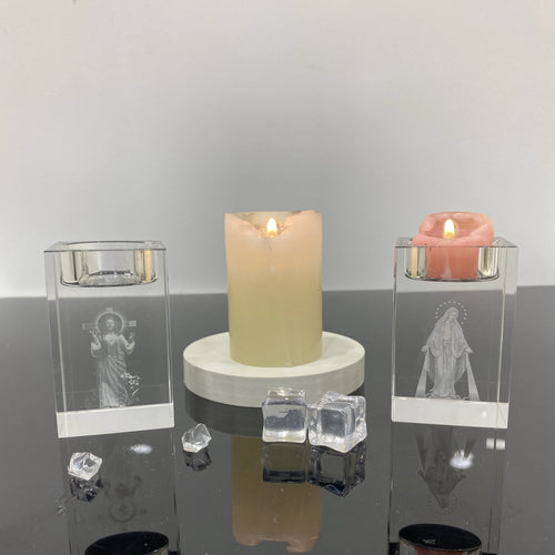 Castiçal de Cristal com Imagem de Jesus e Maria Gravado a Laser