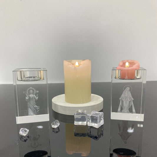 Castiçal de Cristal com Imagem de Jesus e Maria Gravado a Laser