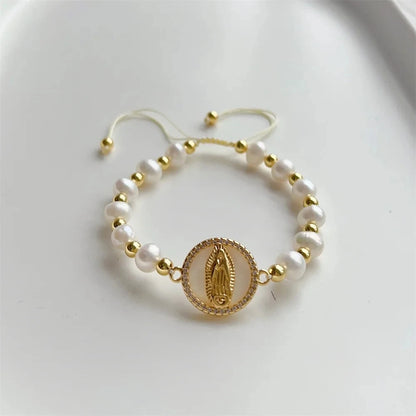 Pulseira de Pérola Natural com Virgem Maria Banhada a Ouro 18K